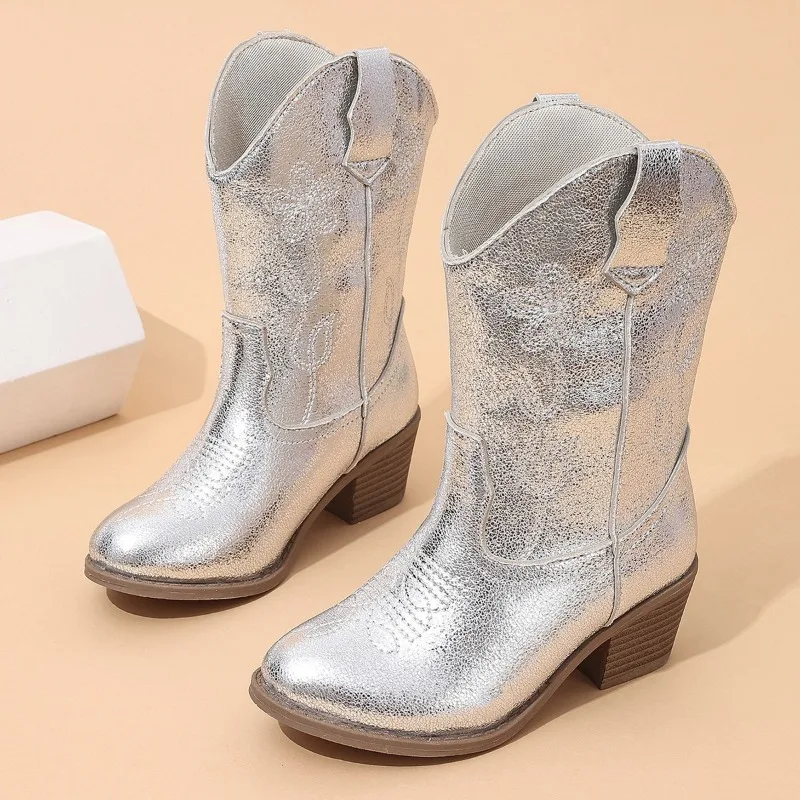 Luxury Gold Silver Western Knee High Boots Girls Premium Quality Slip-on Cowboy Long Booties Kids Heeled Point Toe Floral Botas