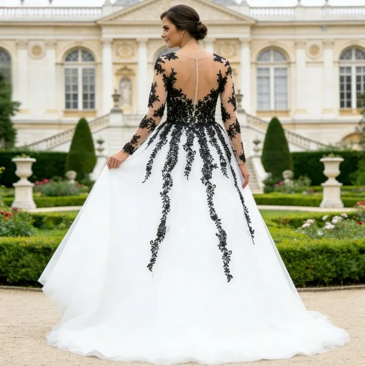 Gothic Black And White Lace Applique Wedding Dress Long Sleeve O‑Neck Tulle A‑Line Bridal Gown Illusion Back Court Train