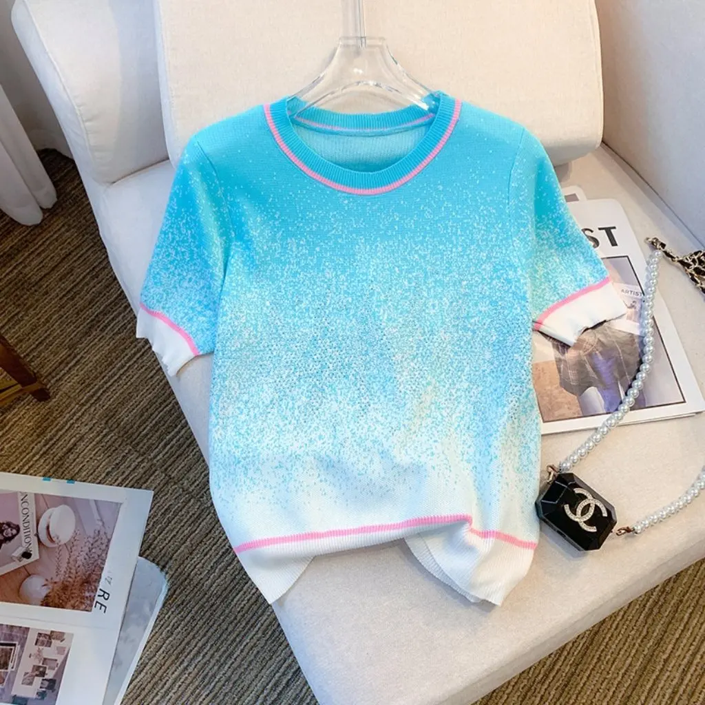 

Women's Ice Silk Knitted T-shirt Summer New Design Gradient Color Heavy Industry Hot Drilling Top Fashionable Casual Wear