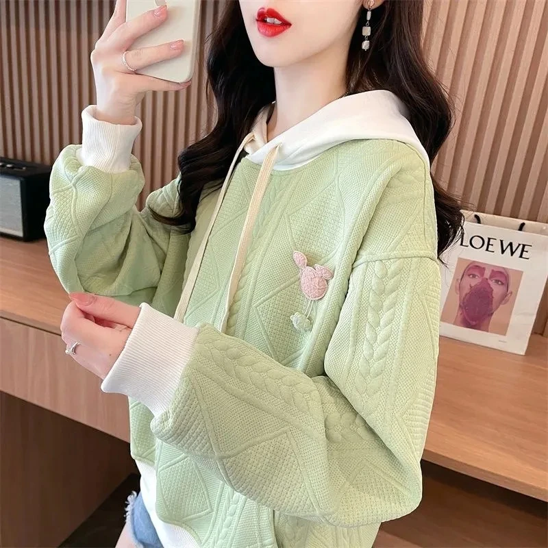 

Retro Patchwork Hooded Jacket For Women's Spring Autumn Ladies Thin Loose Niche Design With A Sense Female Hoodie Sweater