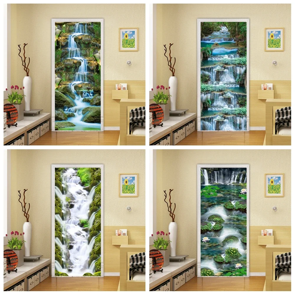 3D Waterfall Forest Wallpaper Peel and Stick Door Realistic Landscape Vinyl Decal Deur Sticker for Living Room Decor Aesthetic