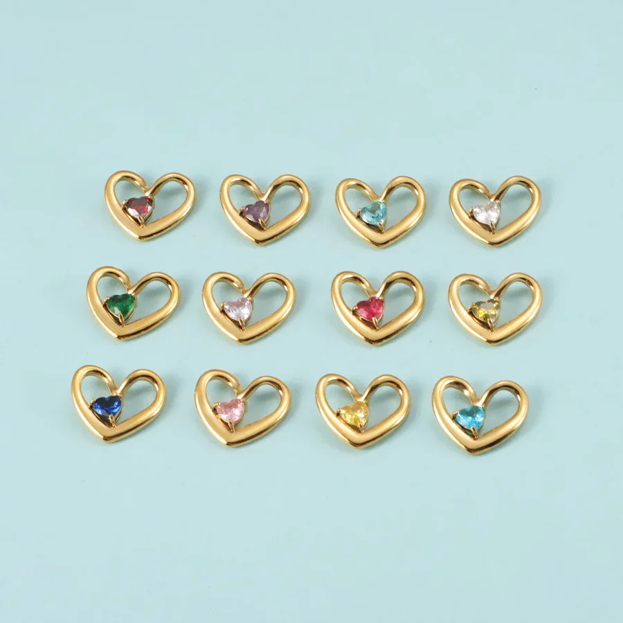 

Fnixtar 12pcs Heart With Birthstone Pendant Stainless Steel DIY Charms Rhinestone For Bracelet Necklace Jewelry Wholesale