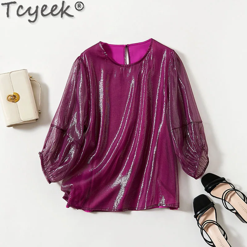 Tcyeek 70% Mulberry Real Silk Blouse Women Spring Summer Long Sleeve Top Female 2024 Elegant Blouses for Women Clothes Pullover