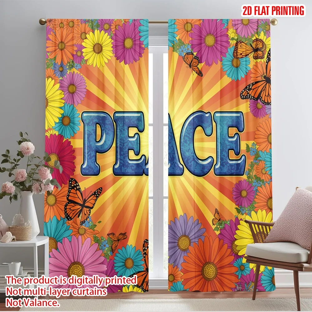 

2pcs 2D flat printing Party Window Curtains Peace Flowers Butterflies Vibrant Polyester Without Electricity Party Decorations