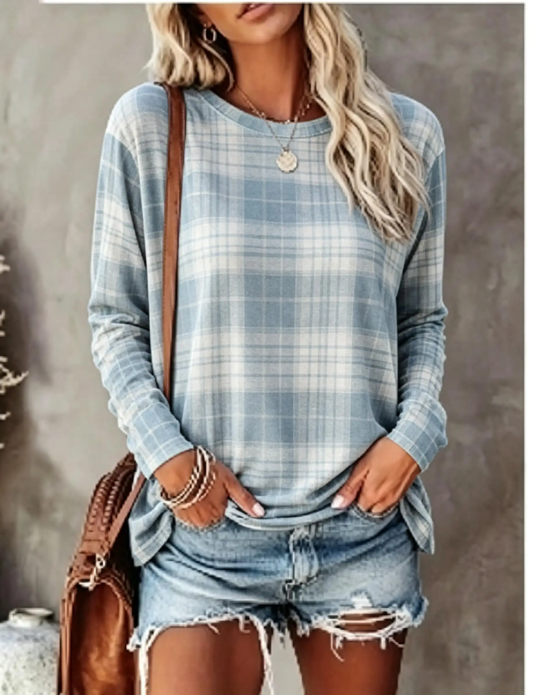 Women Long Sleeve T‑Shirt Blue White Plaid Checkered Vintage Print Crew Neck Casual Fall Tops