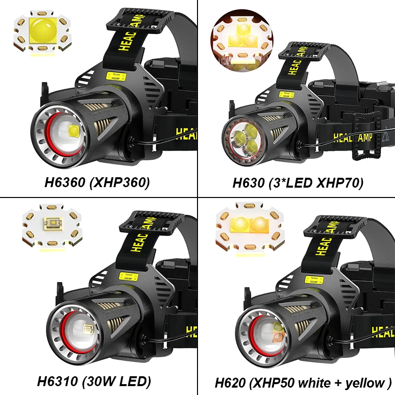 Imagem -02 - Sensor Led Farol High-end Xhp360 Cabeça da Liga de Alumínio Recarregável Tocha de Pesca Lanterna Luz Alta Qualidade