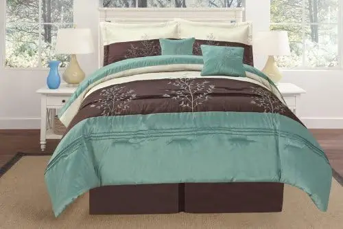 

® Luxurious Queen (90x94) Aqua Blue/Brown/Beige Embroidery Comforter Set Bedding-in--Bag. Wednesday Full bed bedding set Guitar