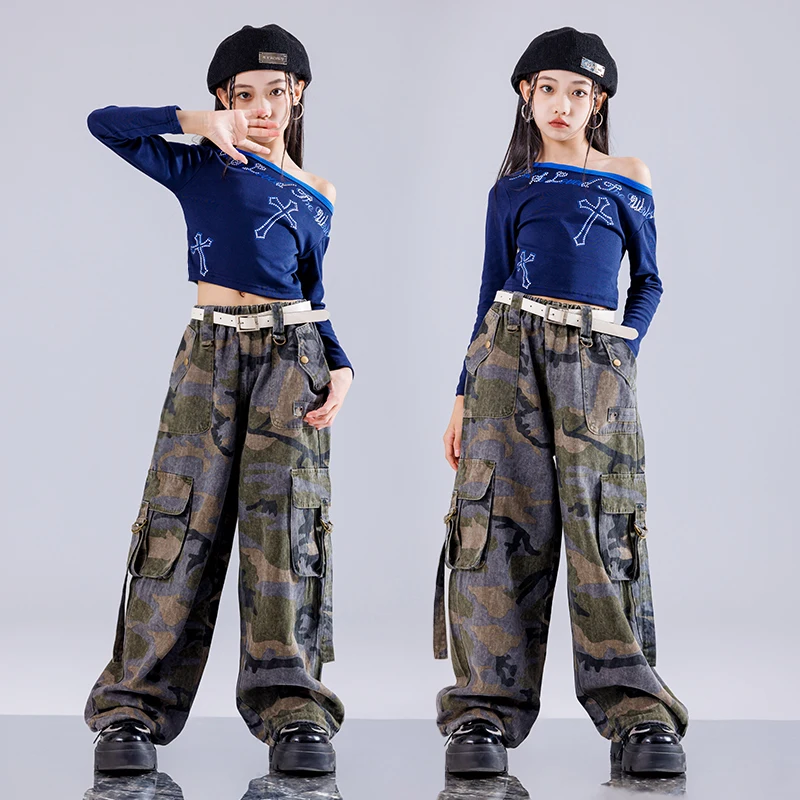 Girls Hip Hop Outfits Crop Off Shoulder Cargo leopard Jeans Kids Denim Pants Street Dance Clothes Sets Children K-pop Costumes