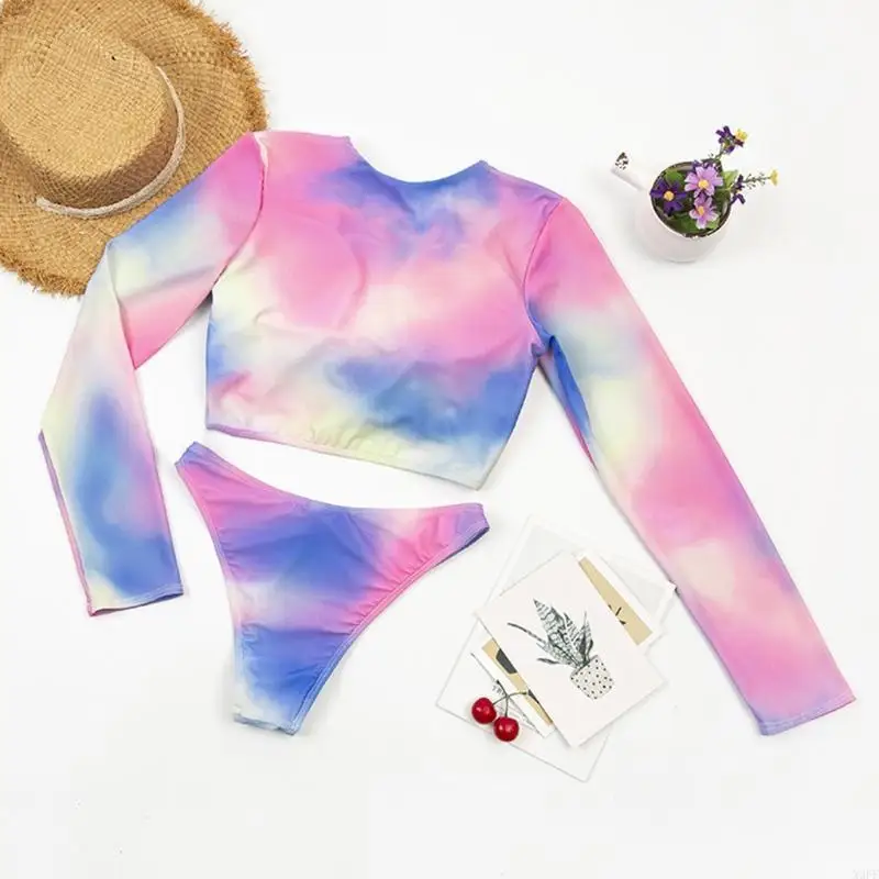 

X9FF женский комплект бикини из 2 предметов с принтом тай-дай, укороченный топ с длинными рукавами и молнией спереди, стринги с