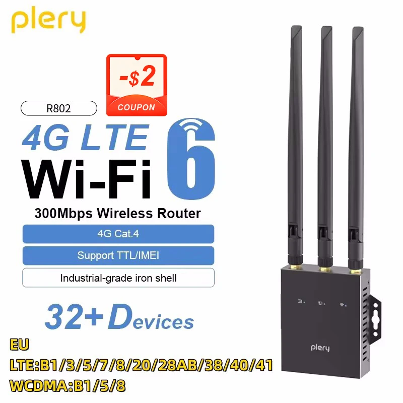 PLERY 4G Wireless Router 300Mbps 2.4G/HZ SIM Card Router WiFi6 Te Router with External 5dBi External Antenna for Outdoor