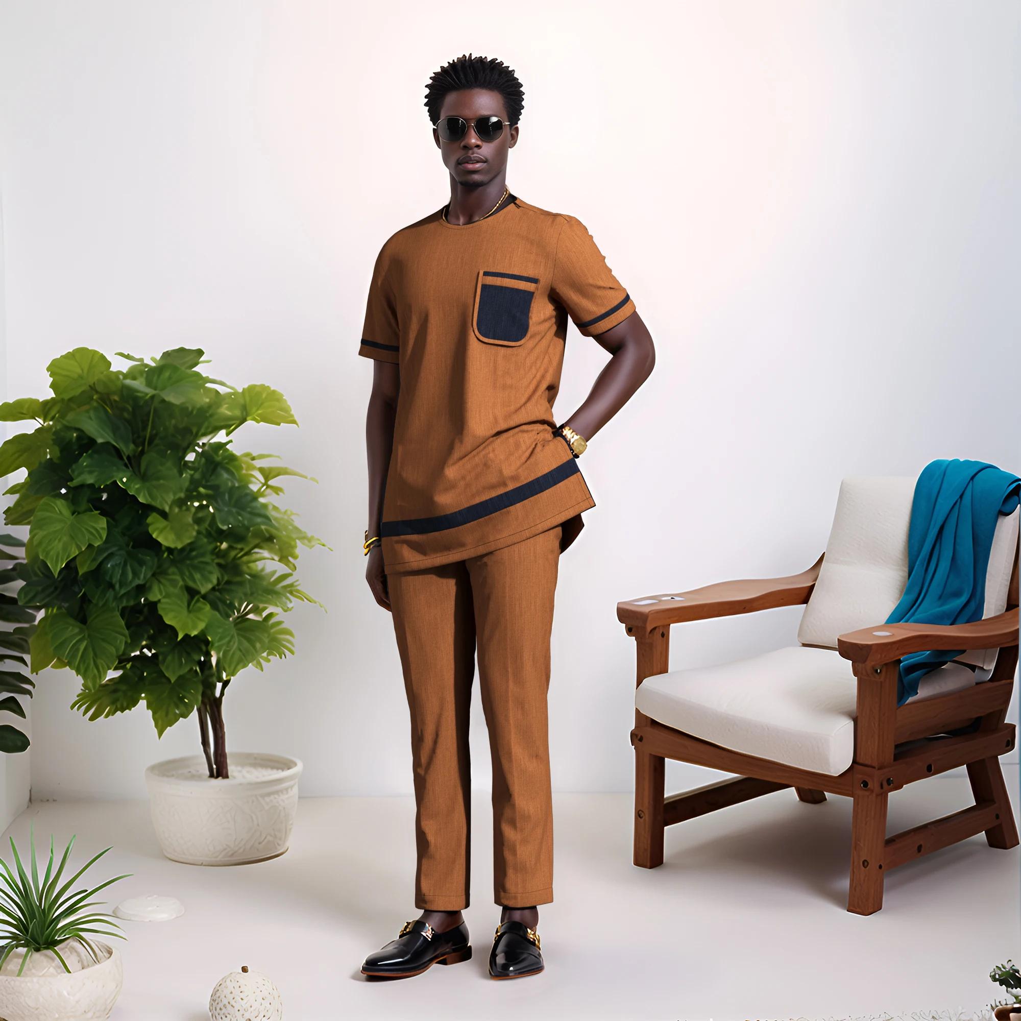 

African Clothes for Men Patchwork Print Short Sleeve African Men's Suit Top Pants Outfit Men Dashiki Shirt Trouser WYN2271