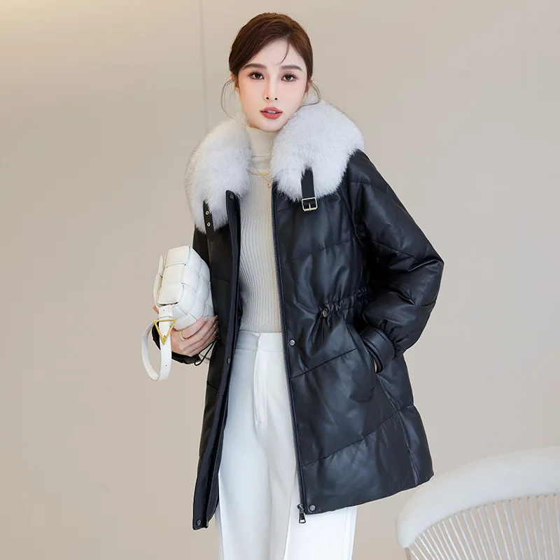 Women's Leather Down Jacket, Medium Length, Loose, Long Fur Coat, The First Layer Sheepskin, Fox Fur Follar,