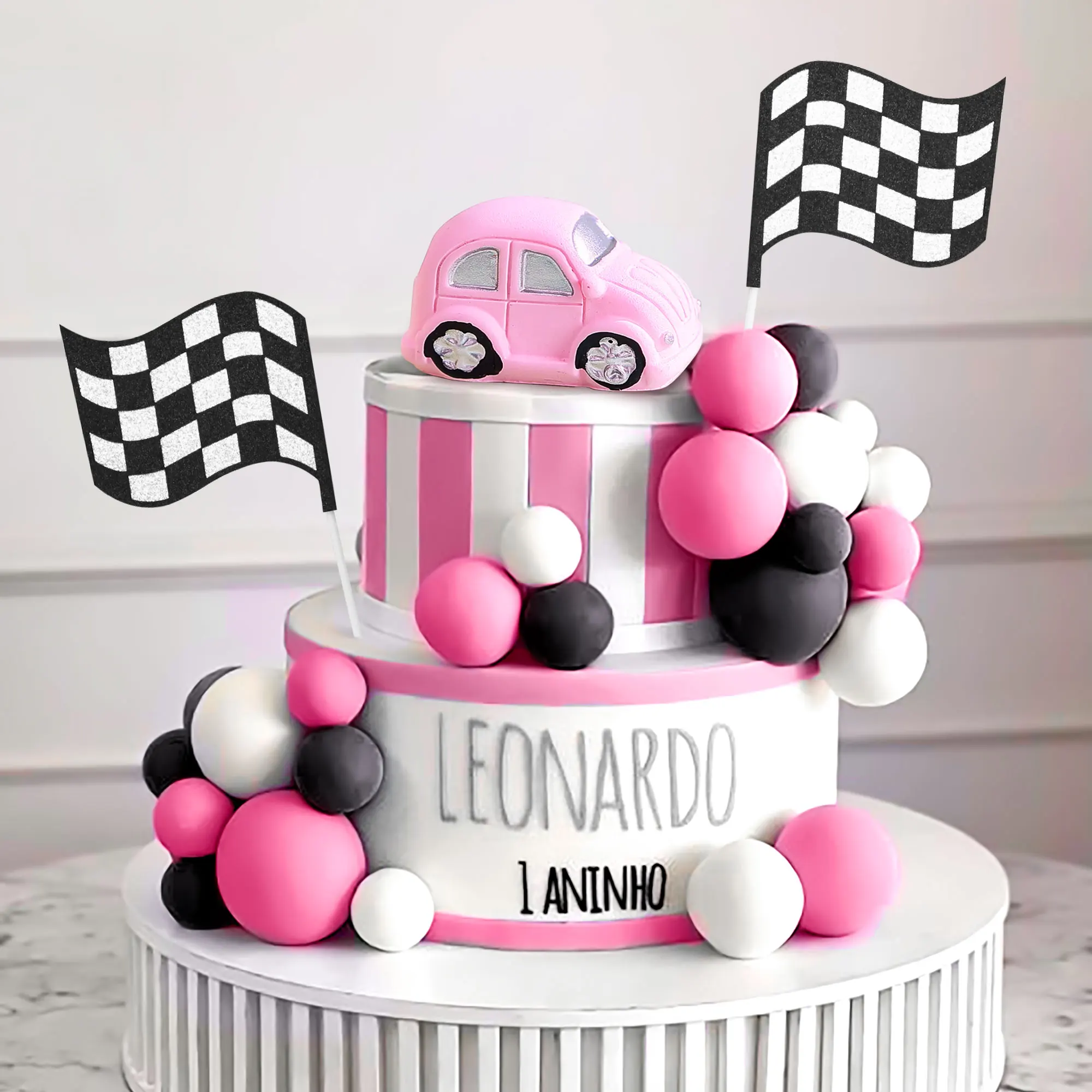 LaVenty Pink Race Car Cake Decorations Car Cake Topper Checkered Flag Cake Topper Growing Up Two Fast Birthday Decorations