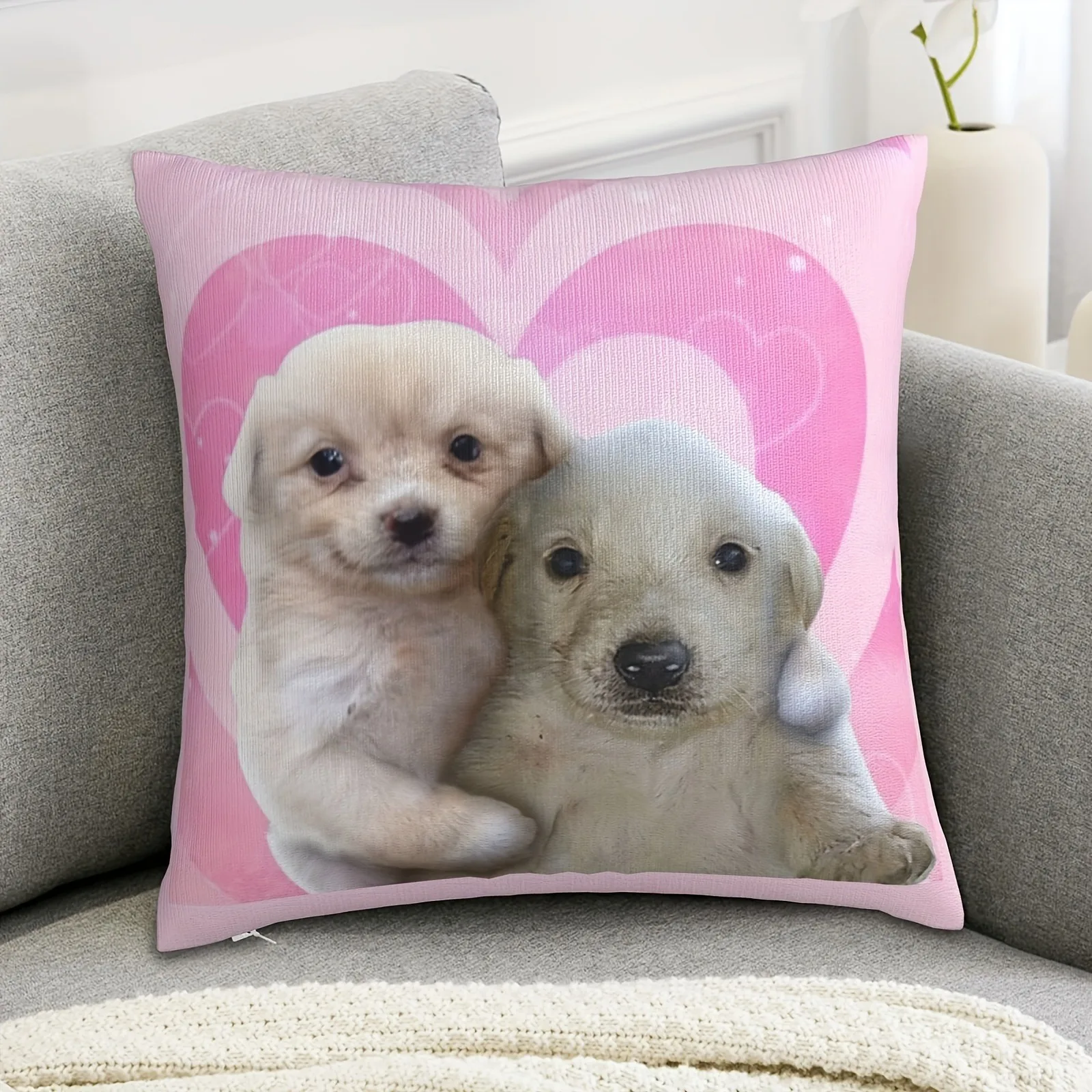 

Adorable Puppy-Print Pink Heart Pillow: Snuggle Up with Cuteness! Sofa cushion cover, home decoration, 2D printing