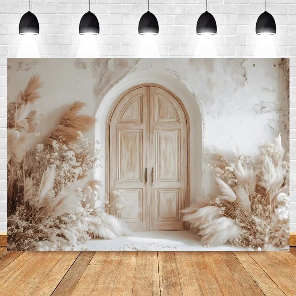 Boho Style Wedding Portrait Backdrop Wood Door Pampas Grass Adult Birthday Party Decor Maternity Portrait Photography Background