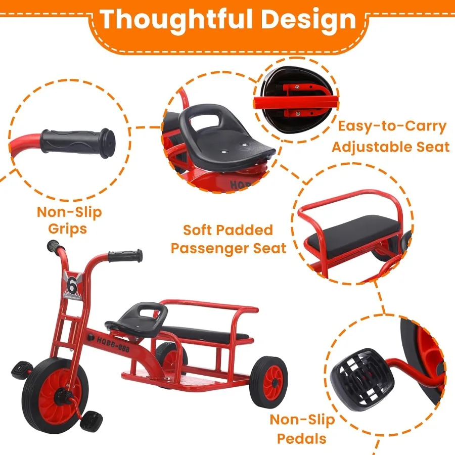 Triciclo per età compresa tra 2-8 Trike Bike Triciclo tandem per asilo nido prescolare con sedile regolabile Pneumatici in gomma airless e imbottitura posteriore