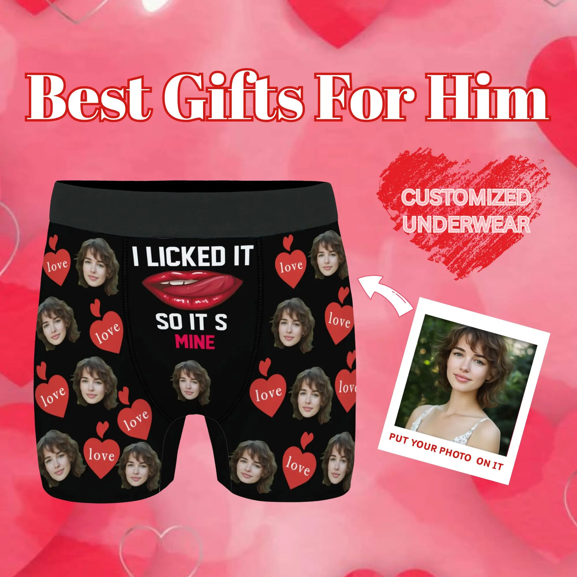 Custom Face Personalized Men's Underwear Boxer Briefs Black with Red Heart & 