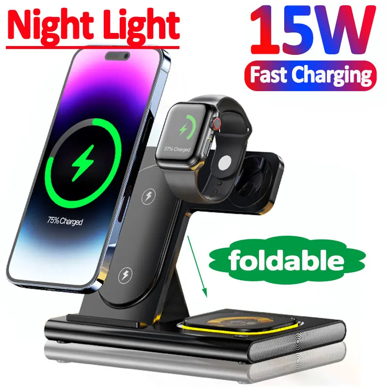 15W Wireless Charger Stand 3 in 1 For iPhone 14 13 12 Pro Max 11 X XR 8 Fast Charging Dock Station For Apple Watch 8 7 6 Airpods