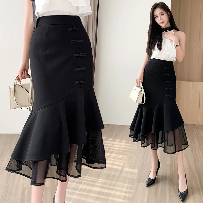 

Fishtail Skirt Halfbody Skirt for Women Spring/Summer 2023 New High Waist Mid length Irregular Mesh Splice Wrapped Hip Skirt