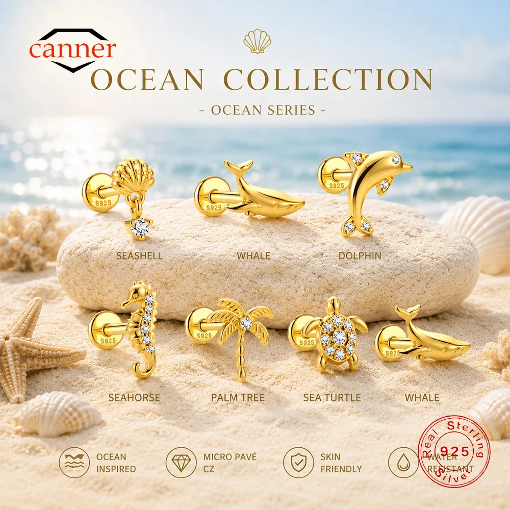 CANNER 1PC 925 Sterling Silver Summer Ocean Animal Series Threaded Flat Head Piercing Earring For Women Ins Ear Bone Earring