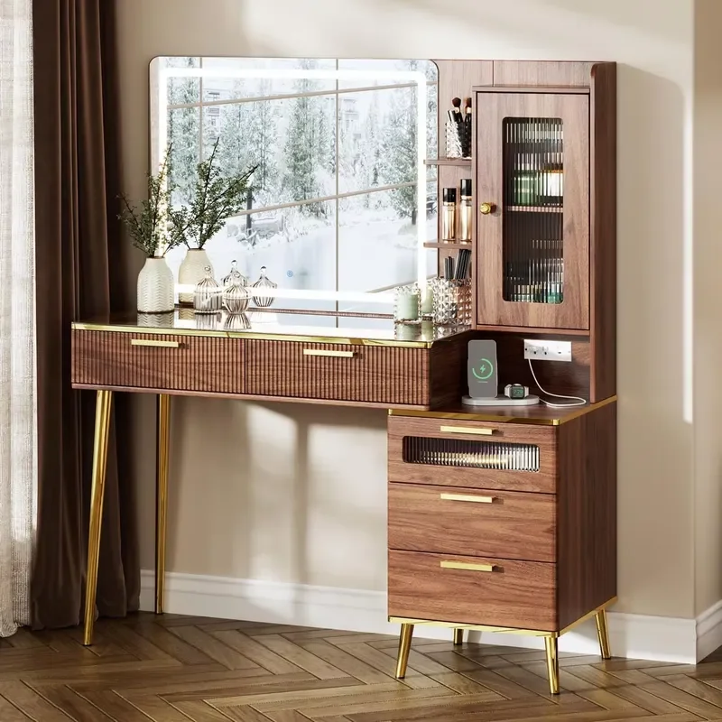 Modern Fluted Wooden Color Dressing Table With Big Mirror and Stool