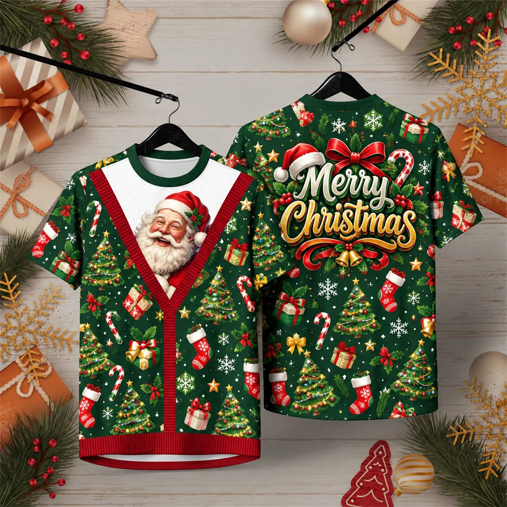 Christmas Snowman and Holly Wreath Graphic T Shirt for Men Microfiber Short Sleeve Casual Tee with Festive Stars and Presents