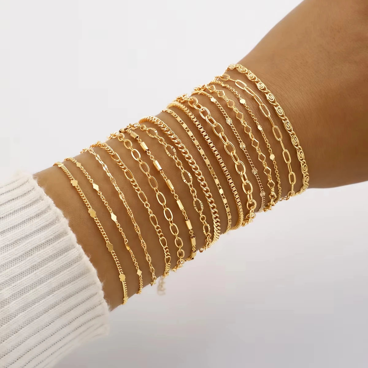 16Pcs Set Gold Chain Bracelets for Women, Stackable Dainty Layered Paperclip Figaro Cuban Link Bracelet, Minimalist Fashion Jewe