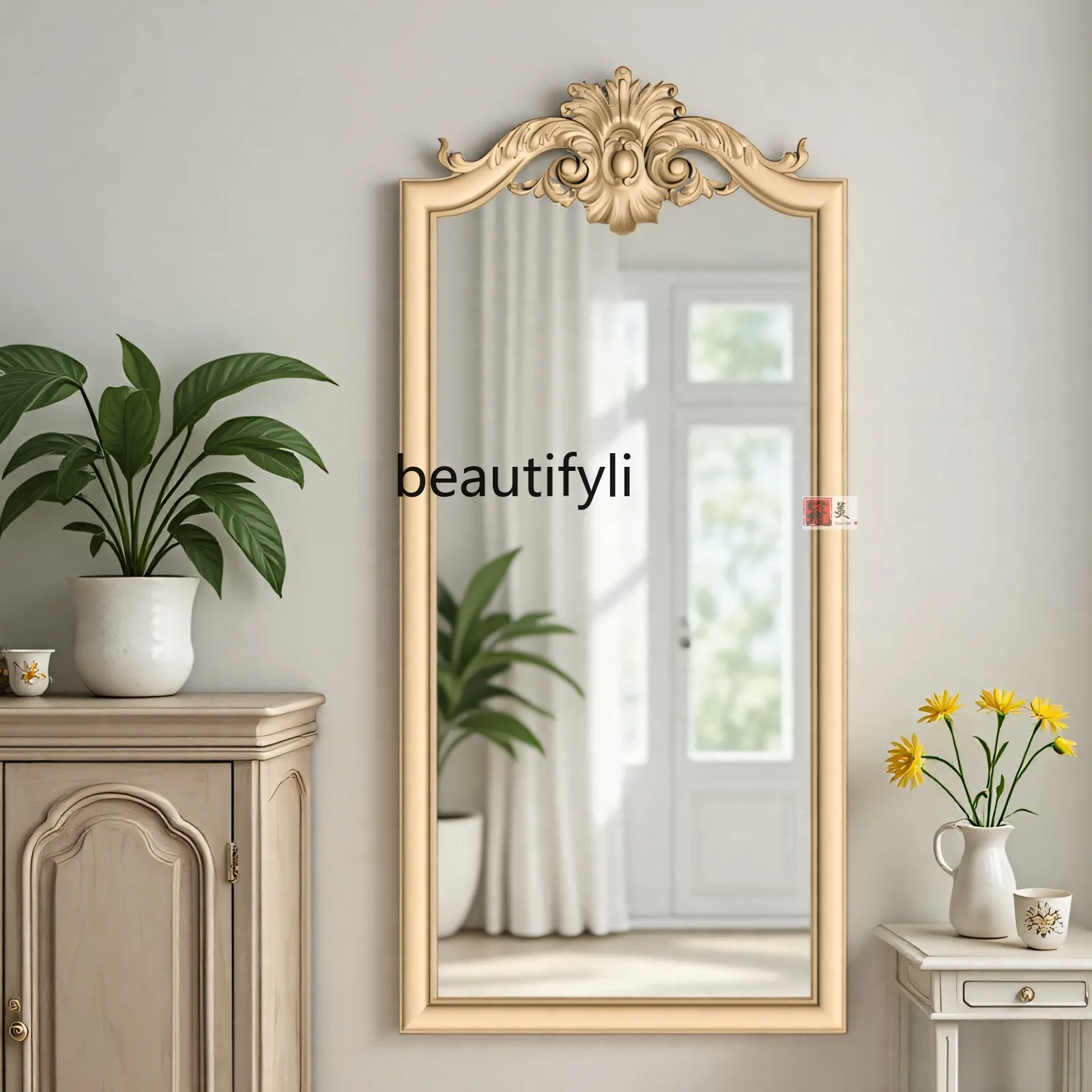 

French retro full-length mirror wooden carving, clothing store fitting mirror, home bedroom floor mirror