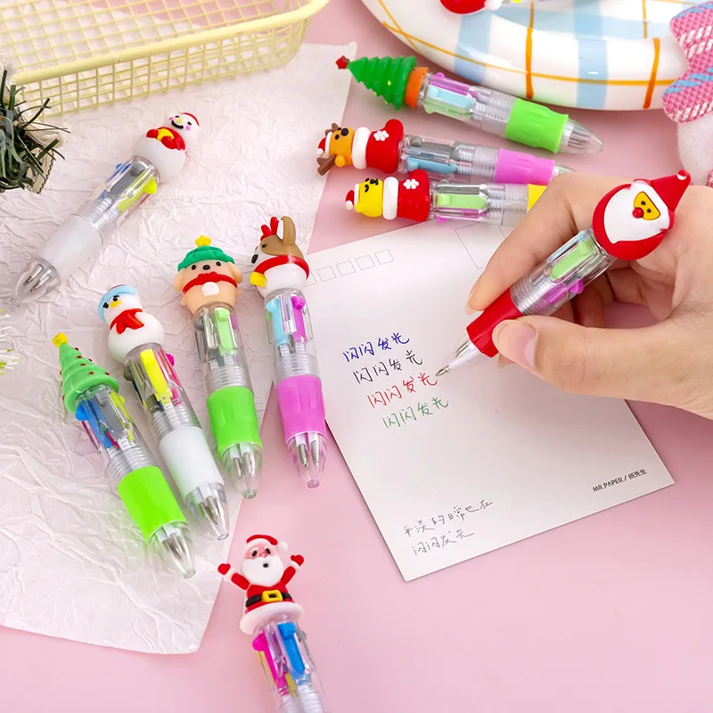 15Pcs/set Cartoon Snowman Mini 4-Colors Ballpoint Pens Cute Creative Reindeer Christmas Press Pen Stationery School Supplies