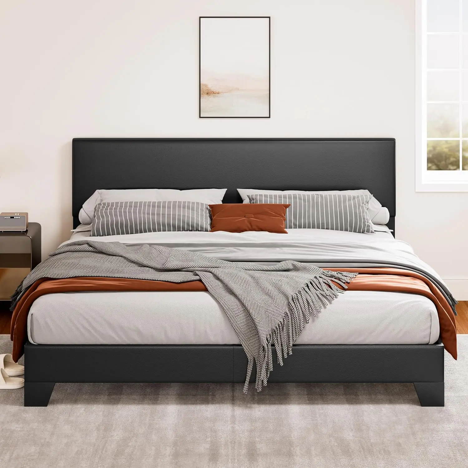 

Black King Platform Upholstered Bed Frame with Faux Leather Adjustable Headboard,Wood Slats Support, No Box Spring Needed, Easy