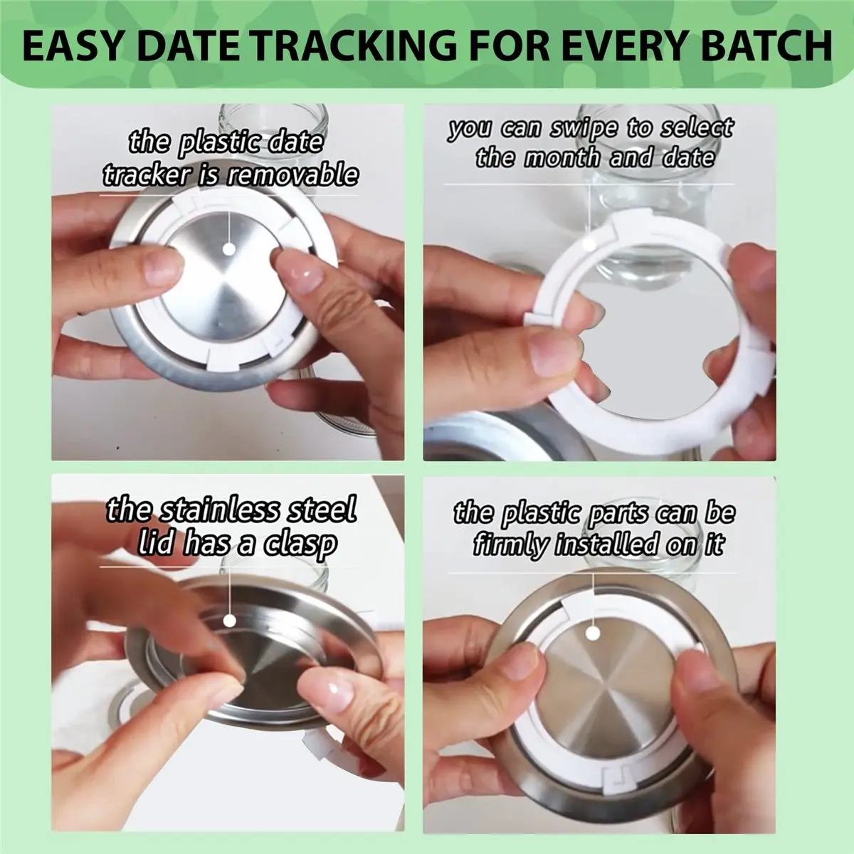 A08I Fermentation Lids for Wide Mouth Mason Jars, 4 Stainless Steel Lids with Date Tracking, Starter Fermentation Kit
