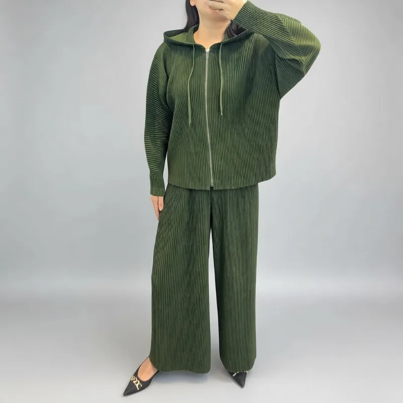 

Japan Simple Hooded Set Miyake Pleated Women's Long Sleeve Zipper Jacket Casual Stretch Straight Pants 2 Piece Set Wrinkle-Free