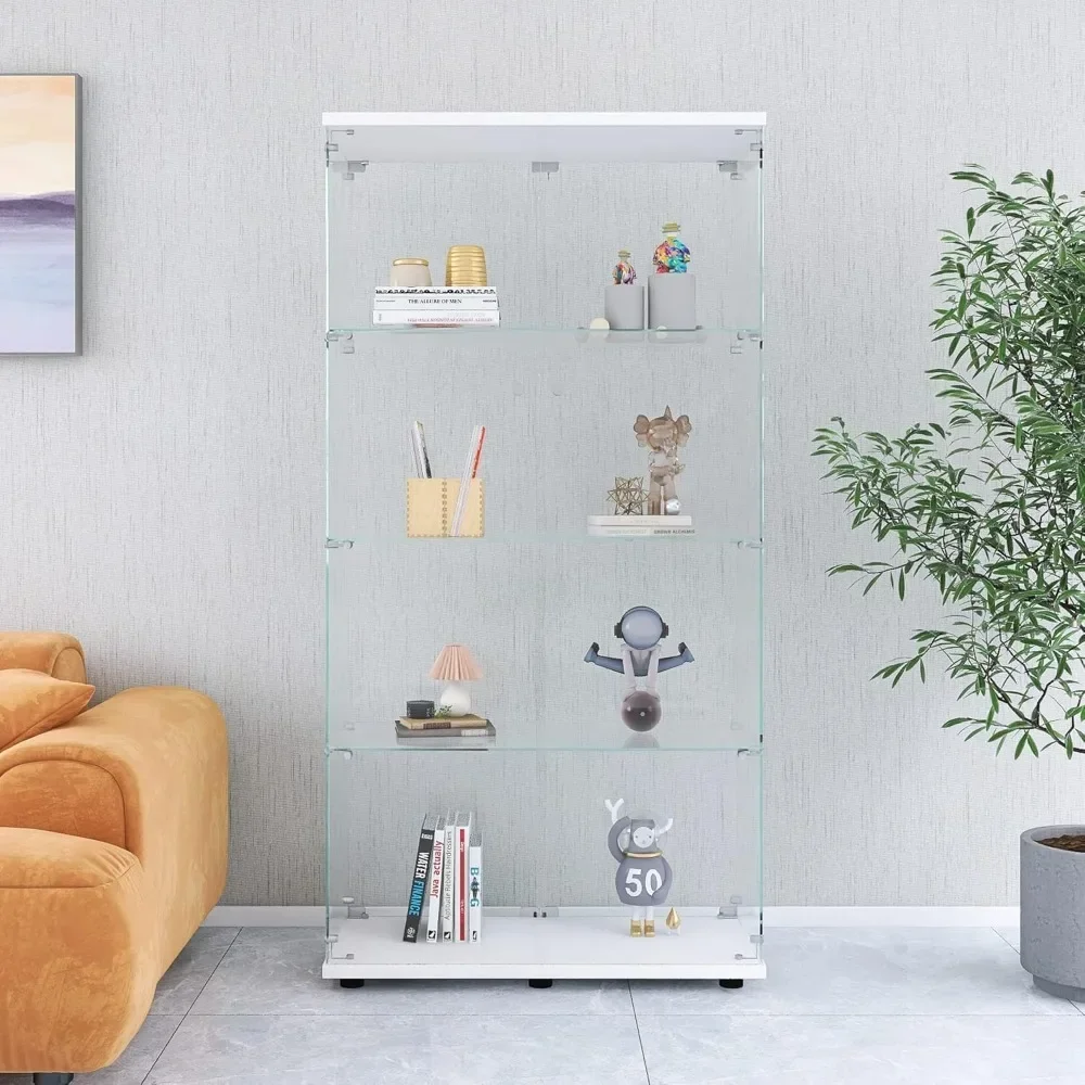 XMSJ Glass Display Cabinet with Two Doors, 64.7 Inches, 4 Tiers with Door Shelves, Storage Cabinet, Glass Bookshelf Cabinets