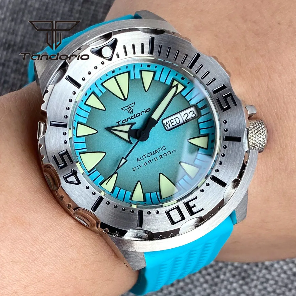 Tandorio Monster Dive NH36 42mm Mechanical Automatic Men Watch 20ATM AR Sapphire Crystal Wristwatch Date Week Green Luminous