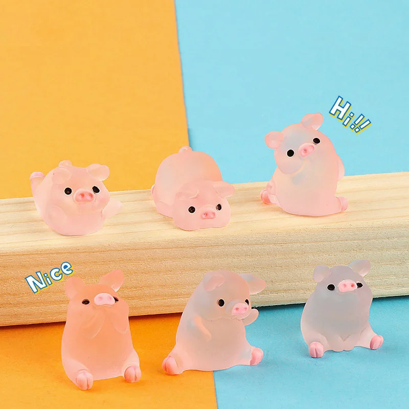 6pcs/set Luminous Mini Resin Pig Car Dashboard Toys Dolls Figures Home Garden Decoration Cartoon Color Cute Car Ornaments Gifts