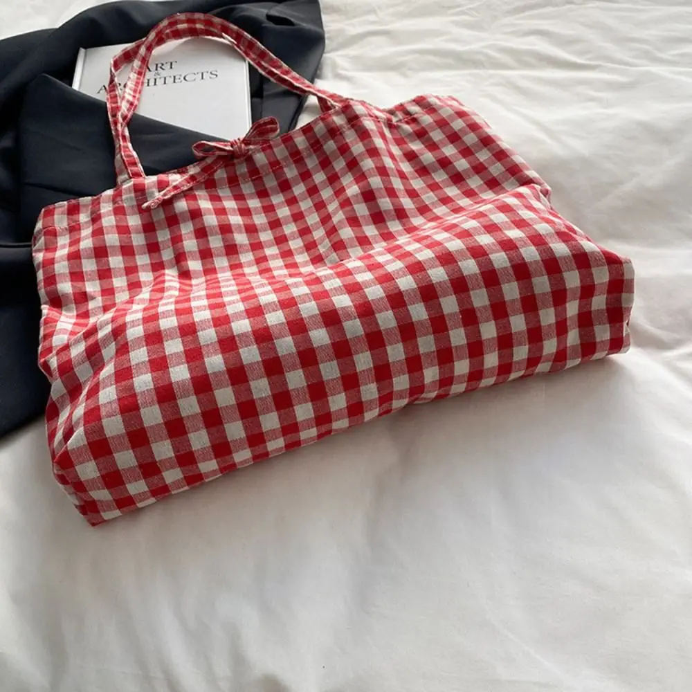 Cute Korean Style Red Plaid Shoulder Bag Grid Handbag Lattice Tote Bag Cute Check Canvas Bag Outdoor