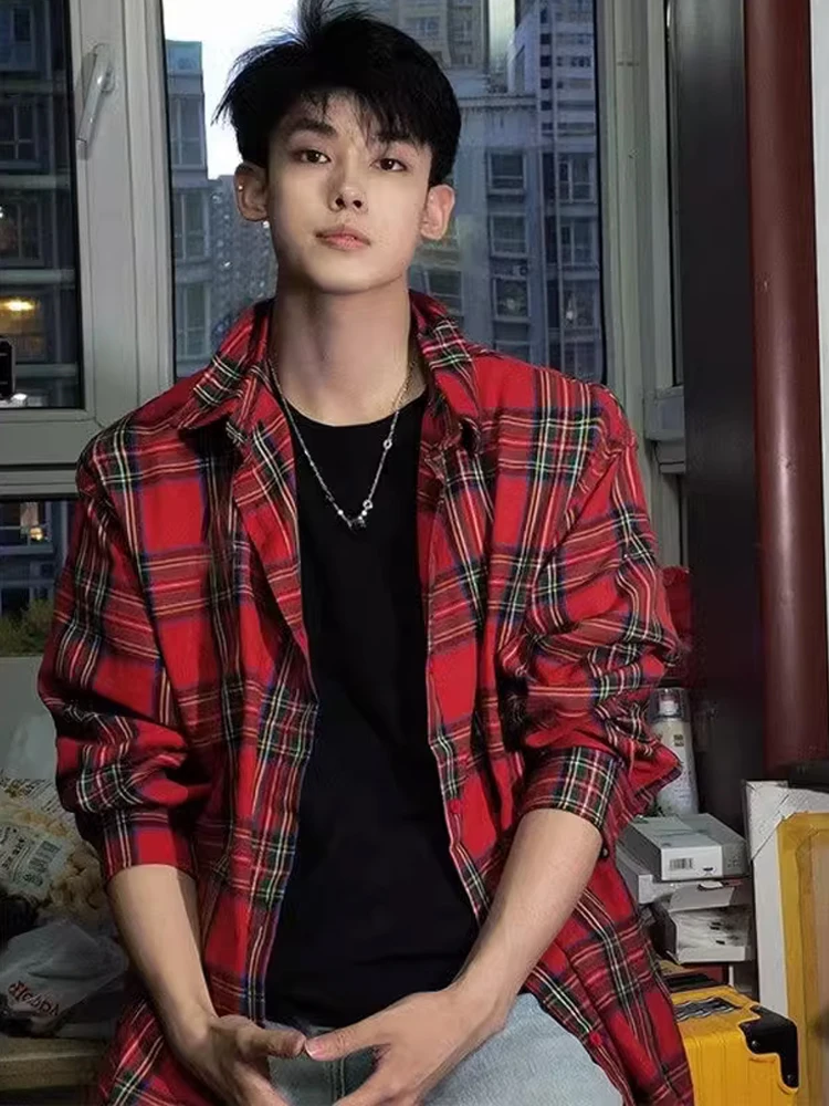 

Red Plaid Long Sve Men's Casual irt Loose Fit Comfortable Autumn Outerwear Youthful Sle Polyester Cotton Blend Breathable