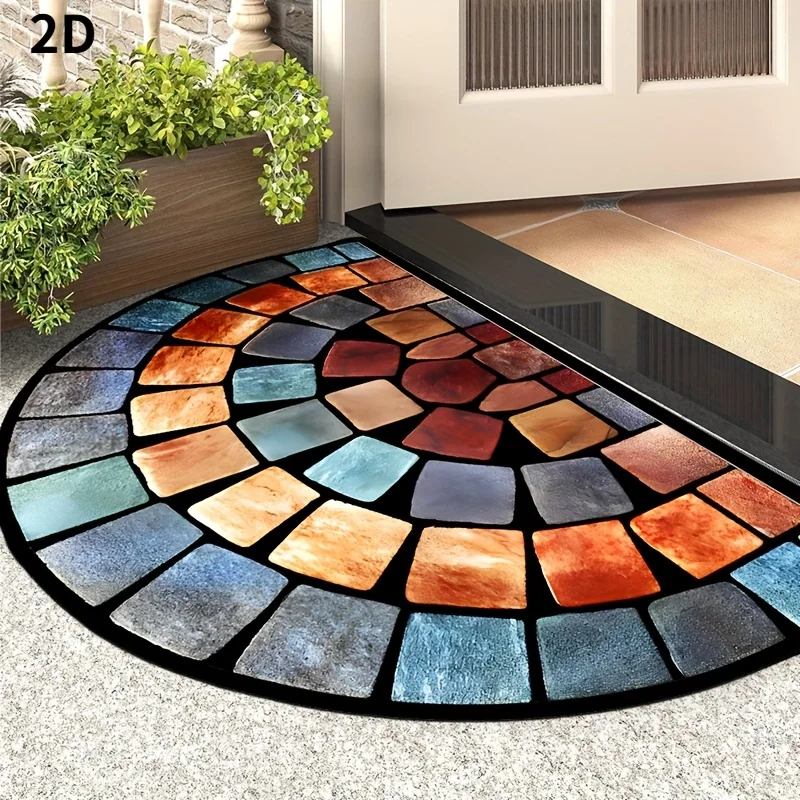 Half Round Door Mat Flannel Non Slip Washable Mosaic Stone Tile Soft Entryway Rug for Front Porch Rustic Home Decor