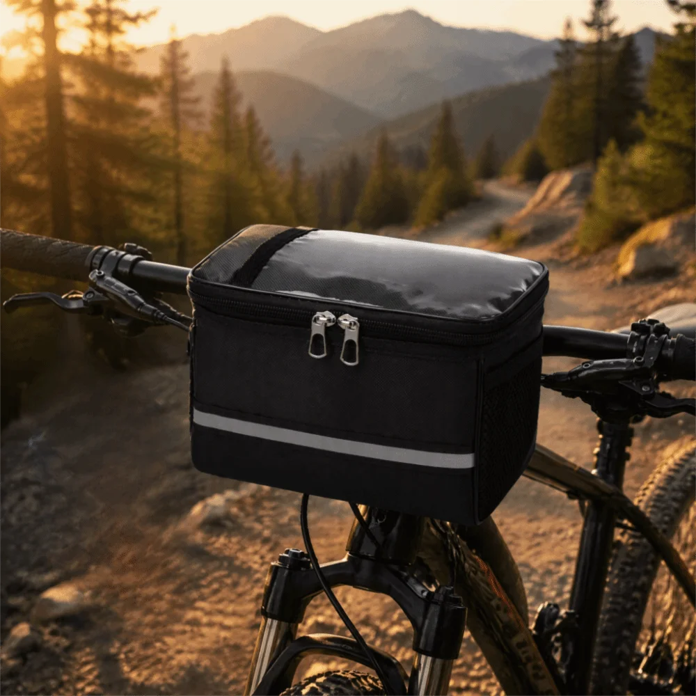Nylon Bike Handlebar Bag with Reflective Strip Double Zipper Bike Frame Bag Lightweight Portable Bike Phone Bag Scooter Use