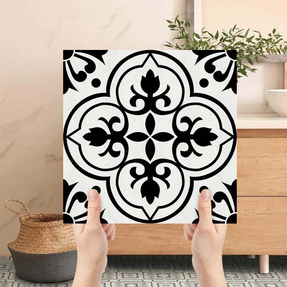 

10Pcs 30x30cm Black White Boho Floral Peel and Stick Floor Tiles, Waterproof Removable Vinyl Stickers for Kitchen Bathroom
