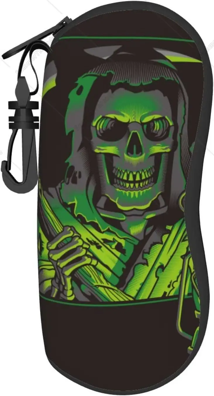 

Черный чехол для солнцезащитных очков Green Skull Grim Reaper для мужчин и женщин, мягкий ультралегкий неопреновый чехол для очков на молнии с зажимом для ремня