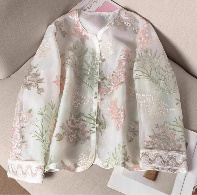 

Новая традиционная солнцезащитная короткая куртка в китайском стиле для женщин, новая рубашка с длинными рукавами для отпуска из тутового шелка с тяжелой вышивкой