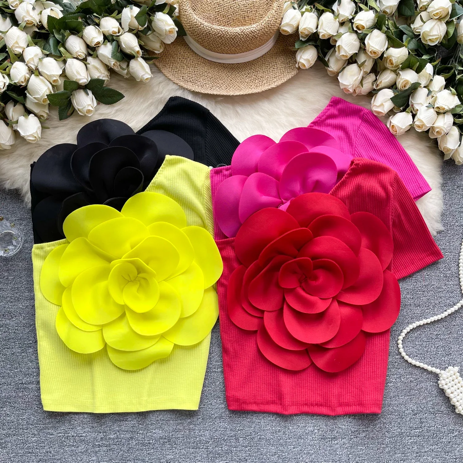 pleated Slim Sexy Fashion Top Summer sweet Women Shirt 2024 Summer Chic Skew Collar Off Shoulder Blouse Three-dimensional flower