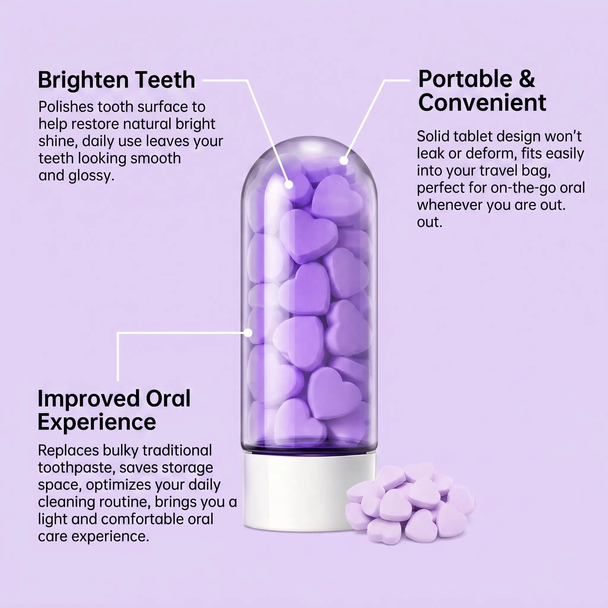 Teeth Whitening Tablets Detect Decay Brightening Strengthen Freshen Breath Remove Stains Fluoride-Free Purple Toothpaste Tablets
