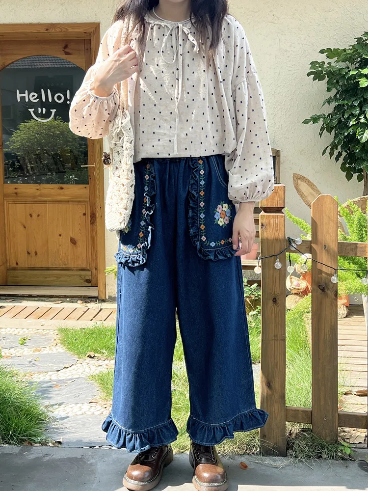 Retro Colorful Flower Embroidered Jeans Summer New Fashion Sweet Elastic Waist Wooden Ear Slimming Wide-Leg Pants Cropped Pants