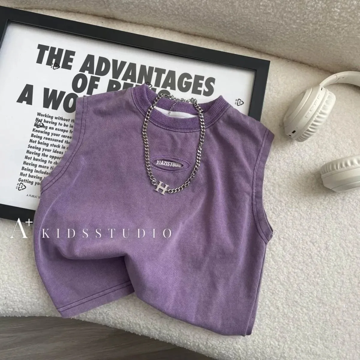 Summer Children Boys Letter Print Vest Tees Cotton Round Collar Infant Babys Boys Sleeveless Top Korean Purple Kids Boy T-shirts
