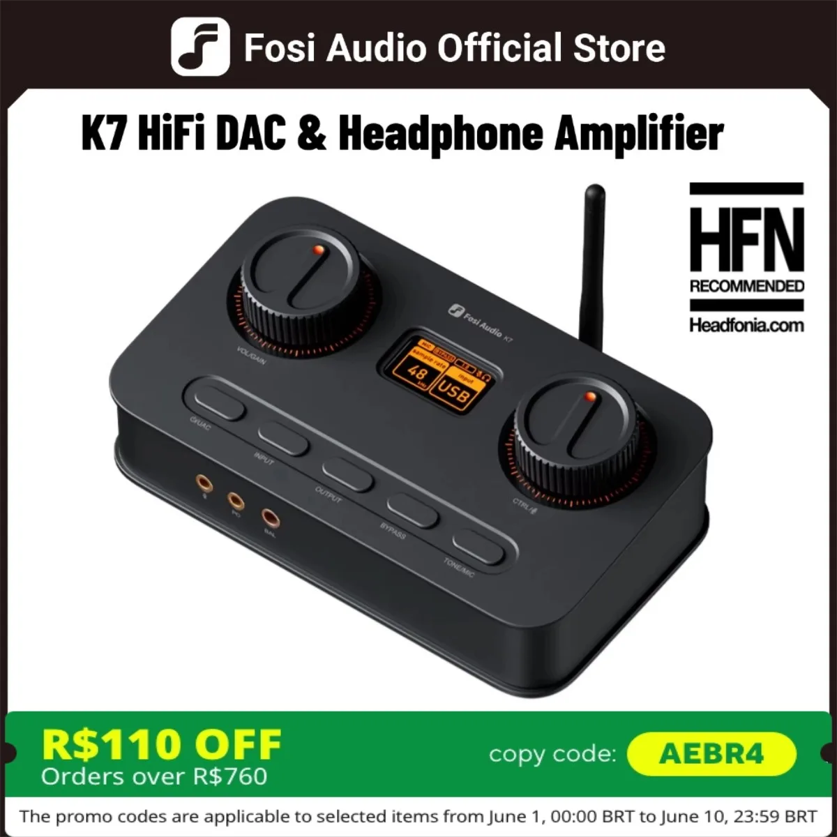 Fosi Audio K7 HiFi DAC e amplificador de fone de ouvido, chip AKM4493ESQ DAC, PCM 384kHz/32Bit e DSD256, entrada de microfone USB Audio DAC para jogos