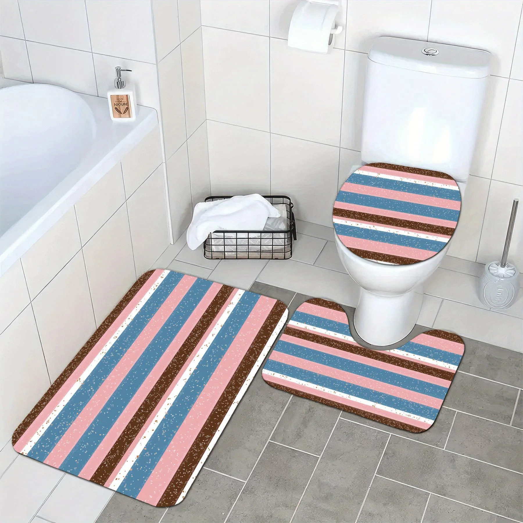 Beach Stripe Bath Mat Set for Bathroom Rug Toilet Runner Non-slip Absorbent Floor Mat Accessories Coastal Home Decor