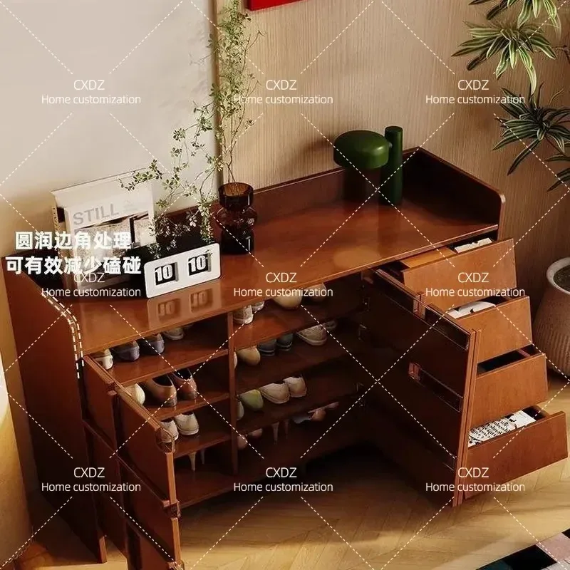 Geyun Solid Wood Shoe Cabinet Medium Size Antique Bone Line Retro Side Cabinet Bedroom Bedside Storage Dust Proof