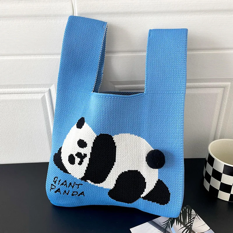 Cute Panda Handmade Knitting Bag Fashion Simple Shoulder Bag Large Capacity Handbag Shopping Bag For Students Classic Women Bags